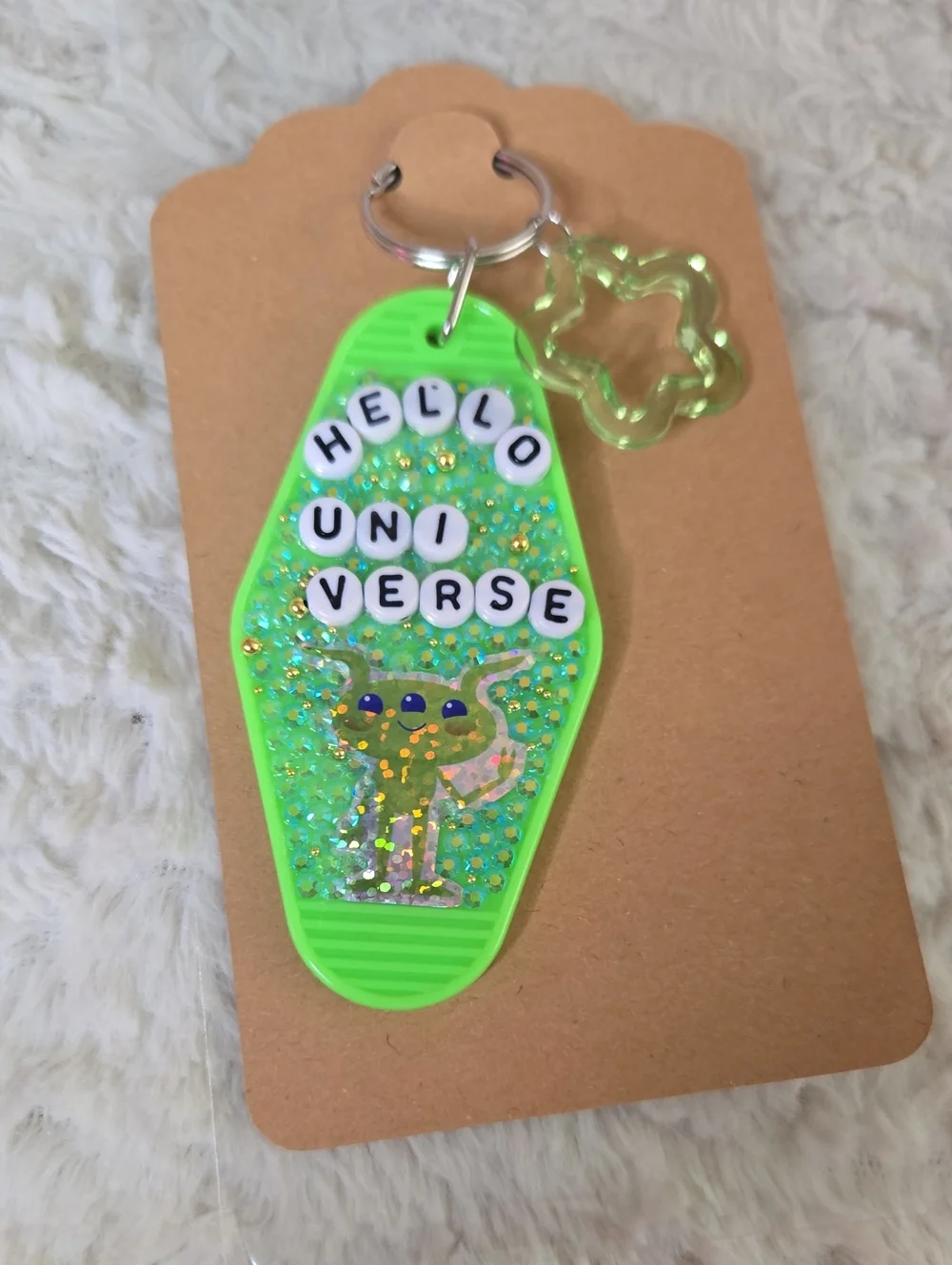 Keychain Handmade Hello Universe Green Glitter Keychain Charm - Unbranded